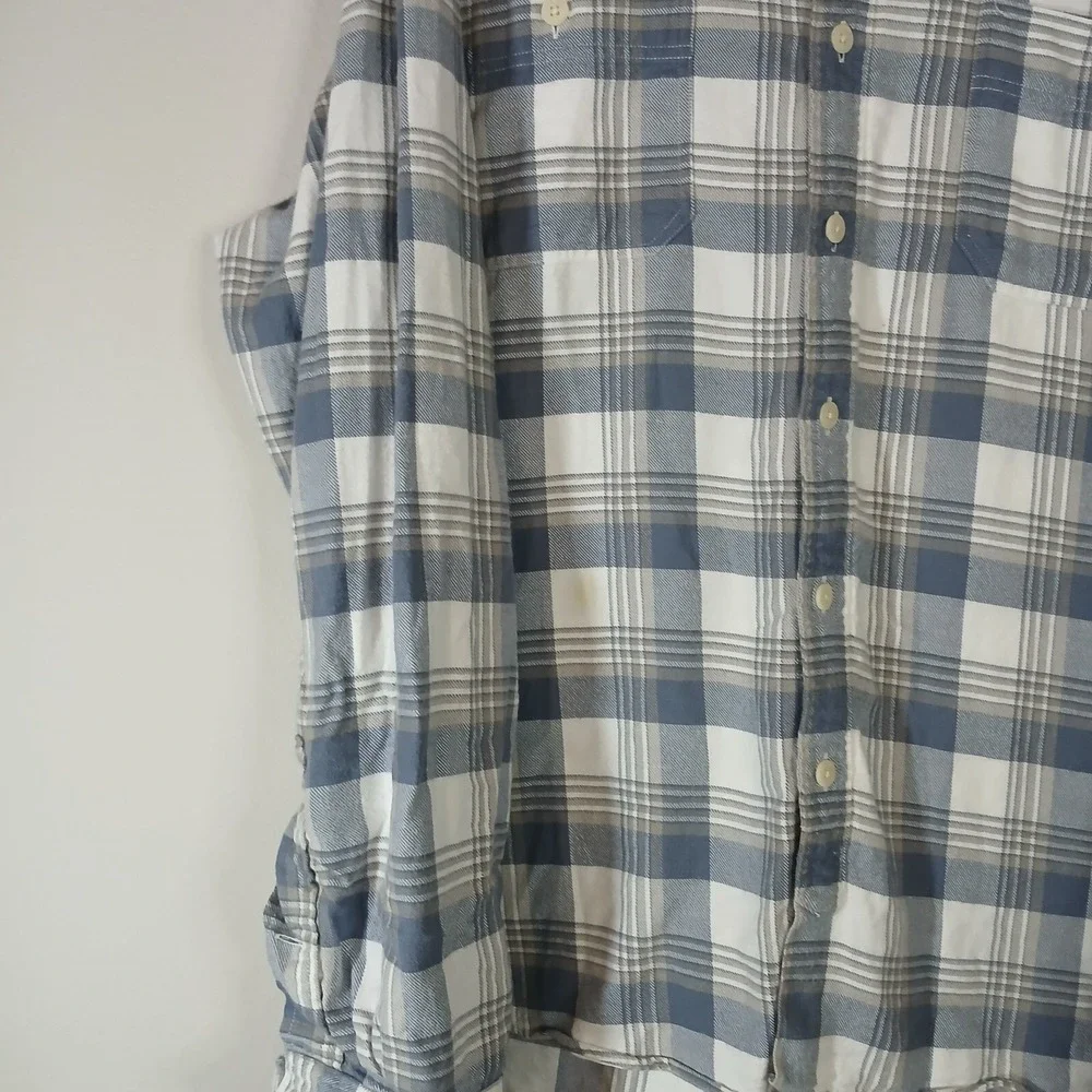 J Crew Button Up Plaid Long Sleeve Flannel Slim Men's Size XL Blue Cotton‎ AA017